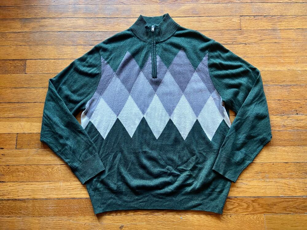 DOCKERS Green/Gray Argyle 1/4 Zip Sweater Mens sz XL